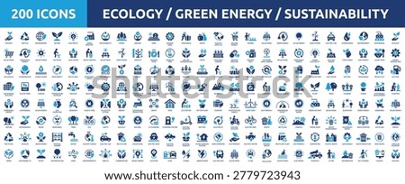 Huge set of 200 solid icons. Mega collection concept of ecology, green energy, sustainability, eco and environment. Vector illustration.