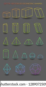 A huge set of 3D geometric shapes. Vector multi-color objects on a gray background with a shadow. The science of mathematics and geometry.