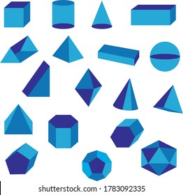 Huge set of 3D geometric shapes with isometric views. The science of math and geometry.