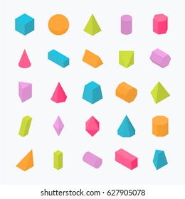 Huge Set Of 3D Geometric Shapes With Isometric Views. Vector Flat Objects Isolated On A Light Background. The Science Of Math And Geometry. 
