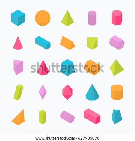 Huge set of 3D geometric shapes with isometric views. Vector flat objects isolated on a light background. The science of math and geometry. 