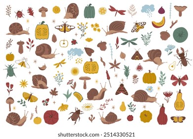 Enorme conjunto de Elementos naturales de otoño en estilo minimalista realista plano. Hola colección de otoño de acogedores objetos aislados. Ilustración vectorial