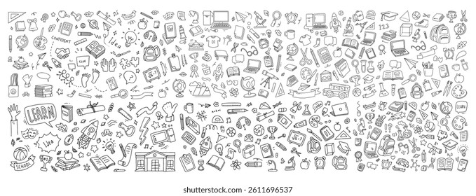 Huge set of Back to school supplies doodle. Vector illustration in line