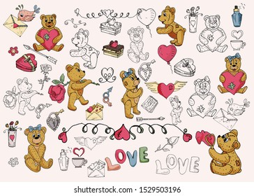 a huge set of bear drawings and festive elements on the theme of love and Valentines day in the style of childrens Doodle for decoration design vector EPS 10