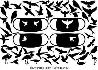 A huge set of bird silhouettes for prints on medical masks and more. Various birds from all over the world. Vector illustration.