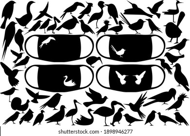 A huge set of bird silhouettes for prints on medical masks and more. Various birds from all over the world. Vector illustration.