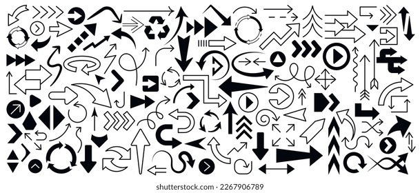 Enorme conjunto de flechas negras rellenas y de líneas. Colección vectorial de flecha y cursor. Gran conjunto de flechas planas vectoriales. 
