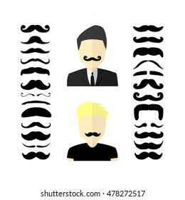 Huge set of black hipster vector mustaches with man. Collection of men`s retro mustache. Hairstyles for barber, avatars, cards and other pictures. 