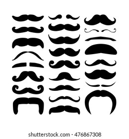 Huge set of black silhouette hipster vector mustaches. Collection of men`s retro mustache. Hairstyles for barber, avatars, cards and other pictures. Vector illustration isolated on a white background.