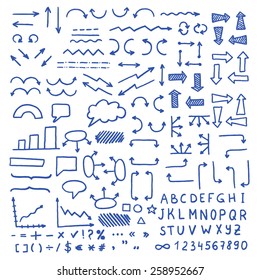 Huge set of blue hand drawn elements. Arrows, lines, graphics, letters and others.