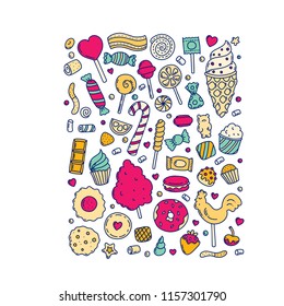 Huge set of cartoon doodle form candies and sweets. Lollipop, cotton, donut and striped caramel. Colorful pastry. Popular sweet desserts for halloween