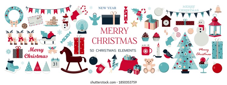 Huge set of Christmas icons and elements. Fifty Christmas images for decorating cards, ads, banners, flyers, and invitations. Cute illustrations in flat design for Christmas eve and new year