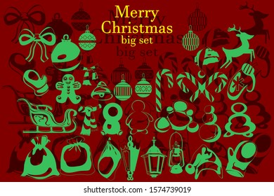 Huge set for Christmas and new year. Bow and Christmas toys, bags with gifts and sleigh. Lamps, lamps, varushka and snowmen. Vector image.
