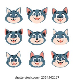 Huge set of clever faces of cats. Cartoon style, Vector Illustration