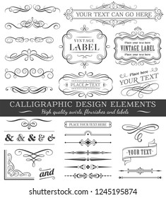 Huge set or collection of vector filigree flourishes for design, isolated on white background