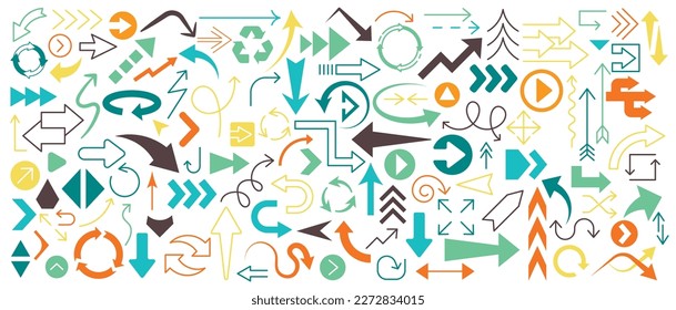 Huge set of colored filled and line arrows. Arrow and Cursor vector collection. Big set of vector flat arrows. 