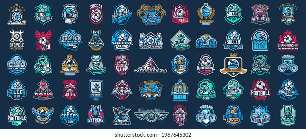 Huge set of colorful sports logos, emblems. Extreme and team sports logos. Mountain bike, surfing, soccer ball, skier, eagle, firefighter, skull. Vector illustration isolated on background.