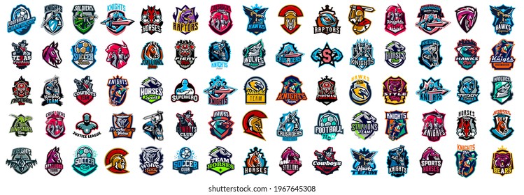 Huge set of colorful sports logos, emblems. Logos of knights, horses, soldier, dinosaur, soccer ball, cowboy, eagle, bear, wolf, superhero, aircraft. Vector illustration isolated on background.