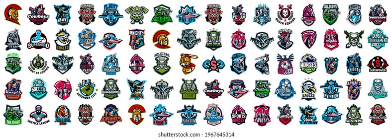 Huge set of colorful sports logos, emblems. Logos of knights, horses, soldier, skull, superhero, soccer ball, cowboy, firefighter, aircraft,astronaut,swords.Vector illustration isolated on background