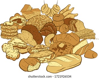 Huge set of coloured sketches of bakery products with many kinds of bread on white background on white background.