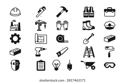 Huge set of construction and building site icons, machinery, worker gear, and architecture vector collection.