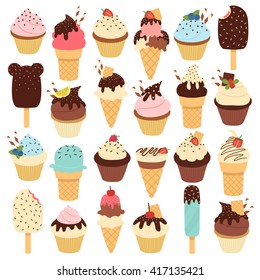 huge set with cute cartoon ice-creams and cupcake with different flavors and toppings. can be used for greeting cards or like stickers