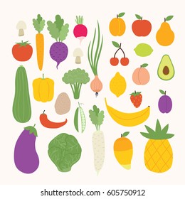 huge set of cute cartoon veggies and fruits. healthy life set. can be used for greeting cards or posters