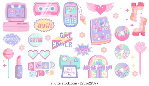 Huge set of cute sticker pack in trendy retro y2k style. Kawaii elements set. Glamour 2000s. Nostalgia for 1990s -2000s.