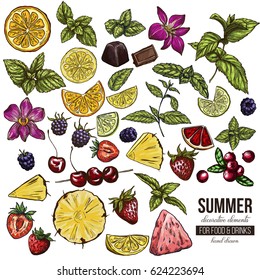 Huge set of decorative elements for food and drinks, vector illustration, hand drawn sketch, colored