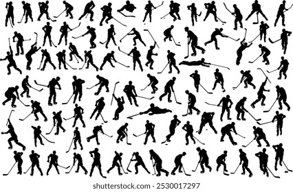 A huge set of detailed silhouette hockey players in lots of different poses