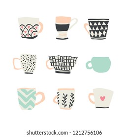 huge set with different cups of coffee illustrations on white background. cute coffee mugs stickers