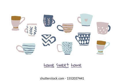 Huge set with different cups of tea illustrations on white background with sweet home lettering. Autumn and winter mood poster design. Home decorations isolated on white background. Scandinavian style