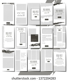 Huge set of editable social media stories templates. Pack of simple minimalistic brush mark and paper design. Monochrome colors. Stock vector