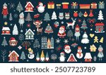 Huge set of цinter elements and characters. Merry Christmas set with Santa, animals, gnomes, houses, snowy trees, girls, deer. For banners, cards.