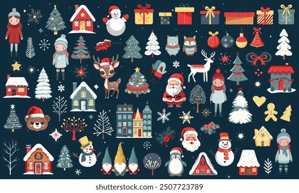 Huge set of цinter elements and characters. Merry Christmas set with Santa, animals, gnomes, houses, snowy trees, girls, deer. For banners, cards.