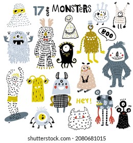 A huge set of funny hand drawn monsters characters isolated on white. Vector illustration