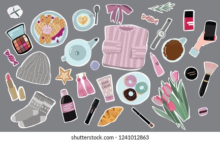 Huge set of girly stickers with different cute stuff: sweets, clothes, flowers, cosmetics, coffee
