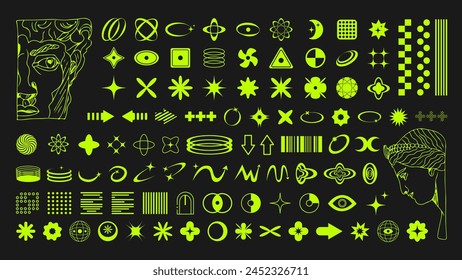 Huge set of green brutalist geometric shapes. Y2k acid rave elements of circle, star, square, flower, rectangle. Greek statues silhouette. Futuristic tech vector figures isolated on black background.