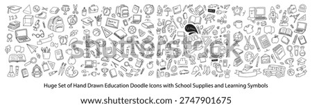Huge Set of Hand Drawn Education Doodle Icons with School Supplies and Learning Symbols