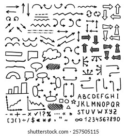 Huge set of hand drawn elements. Arrows, lines, graphics, letters and others.