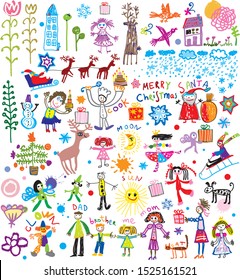 A huge set of hand drawn images in children like style. Holidays, fairy tales and family ideas. Christmas patterns and backgrounds.