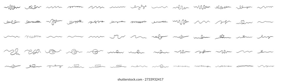 Huge set of hand drawn squiggle cable lines varied styles. Continuous black wavy strokes form loose tangles, tight springs, flowing curves playful loops unlimited dividers, underlines borders abstract