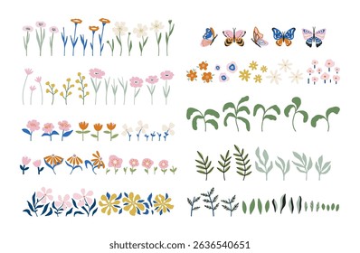 Huge set of hand drawn vector blooming flowers, leaves and branches isolated on white. Whimsical botanical collection for summer designs and prints. Spring floral elements, flat vector illustration