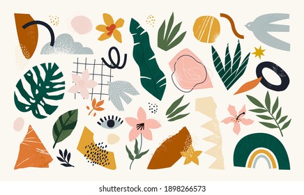 The huge set of hand-drawn various shapes and doodle objects. Abstract contemporary Mid-Century modern art trendy vector illustration. All elements are isolated.