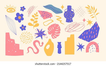 The huge set of hand-drawn various shapes and doodle objects. Abstract contemporary Mid-Century modern art trendy vector illustration.