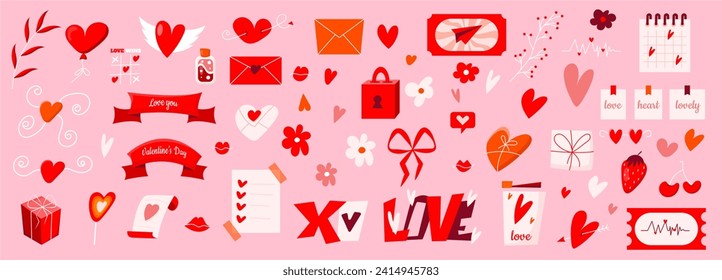 Huge Set of Happy Valentine’s Day Elements. Hand Drawn Love Elements with hearts, lips, gifts, flowers and love letters. Love wins, love is in the air and be my valentine concepts.