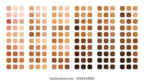 Huge set of human skin tone color light to dark in rounded rectangle Skin tan tone with Light pale, pale, brown, tanned, dark brown and black skin tone shades in group.