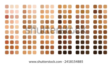 Huge set of human skin tone color light to dark in rounded rectangle Skin tan tone with Light pale, pale, brown, tanned, dark brown and black skin tone shades in group.