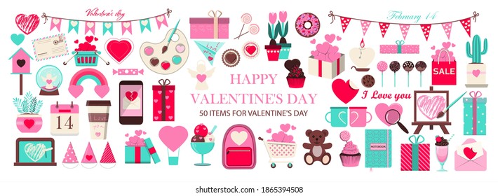 Huge set of icons for Valentine s day. Vector illustration of 50 objects for the holiday on February 14. Set of flat design drawings for romance, wedding, date, invitation, greeting card, love. Icons