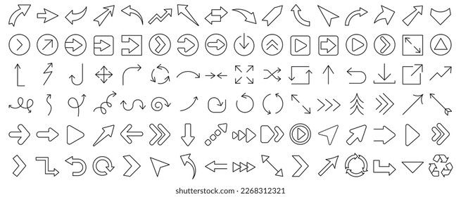 Huge set of  line arrows. Arrow and Cursor vector collection. Big set of vector flat arrows. Editable stroke